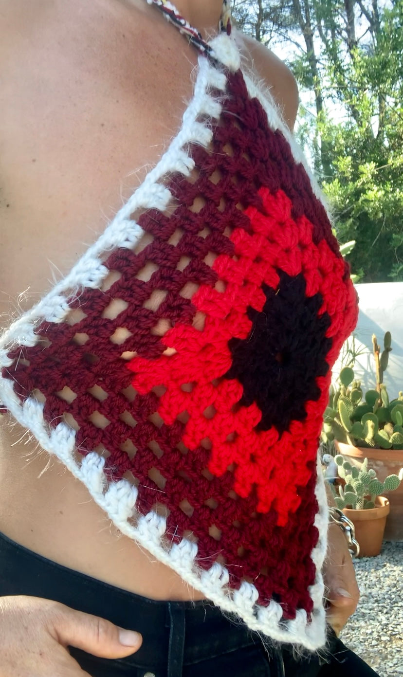 Vintage wool oversized granny square wool tie tops perfect for festivals party and summer time wear over a white shirt in winter