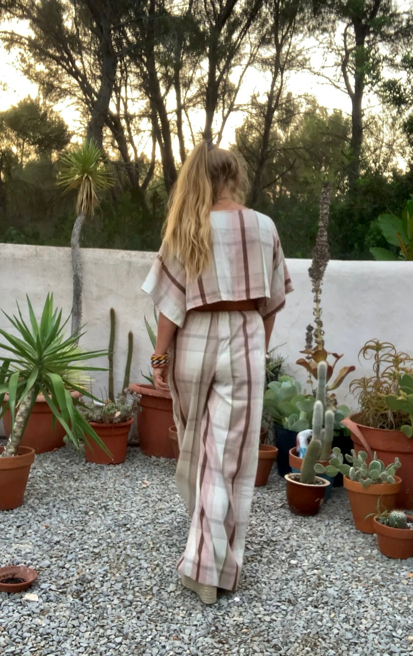 Vintage cotton pink and cream curtain fabric upcycled 2 piece set top and wide leg pants