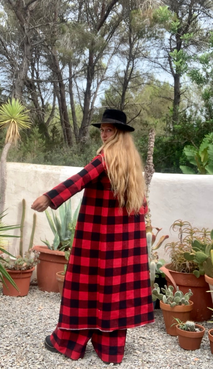 Red and black checked jacket made by Vagabond Ibiza from dead stock vintage textiles