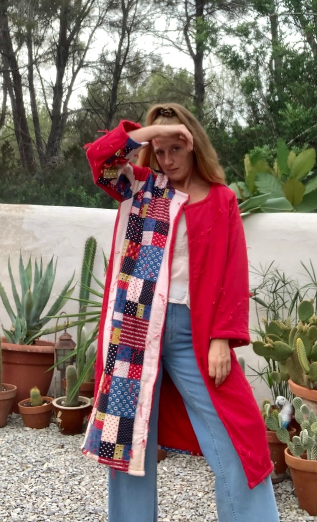 Patchwork cotton quilted blanket jacket up-cycled by Vagabond Ibiza with red and blue design.