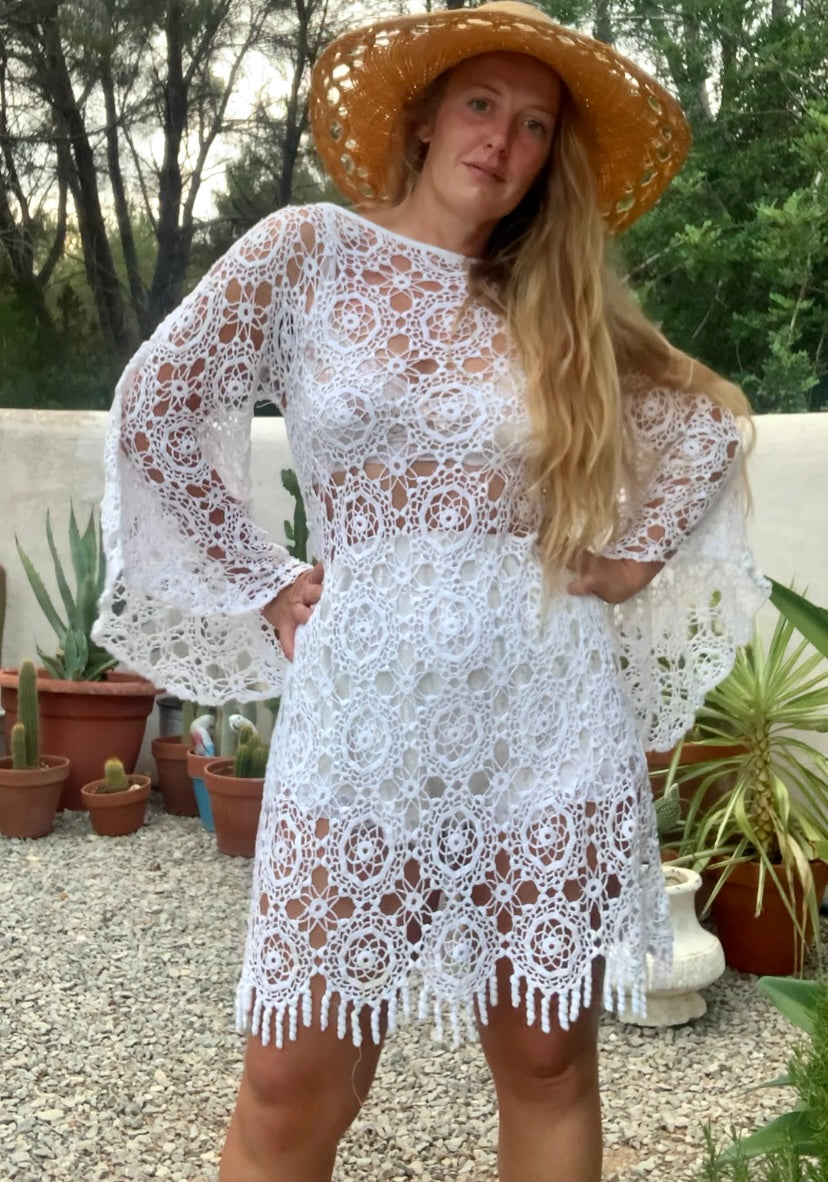 Very cool vintage white crochet oversized bell sleeve dress up-cycled by Vagabond Ibiza