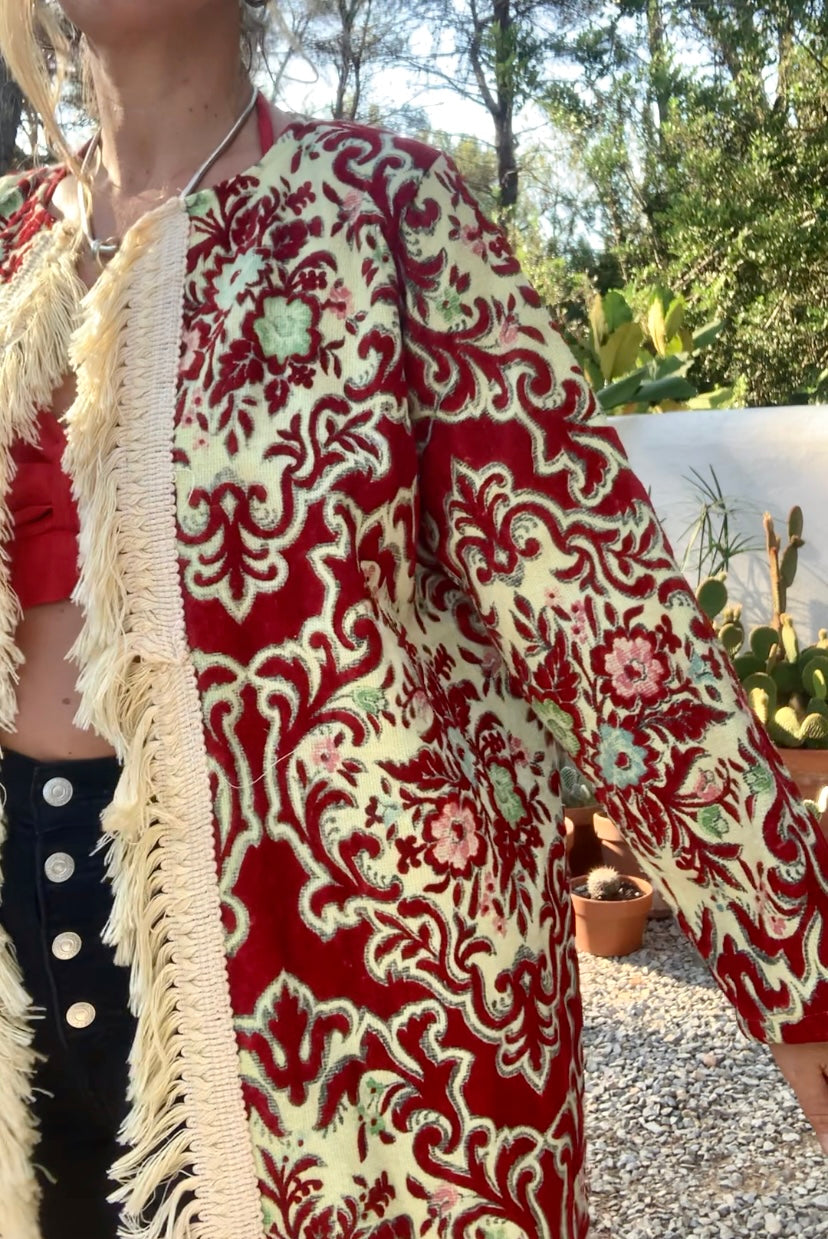 Vintage red and pastel yellow textiles with a burnet out devore Damascus pattern on the velvets pile very special textiles with tassel trim