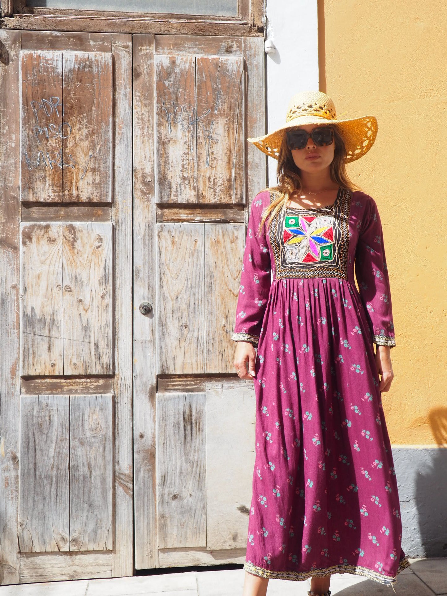 Vintage 1970’s hand embroidered Afghan dress in deep purple with floral print cotton with zip in side sun damage to shoulder