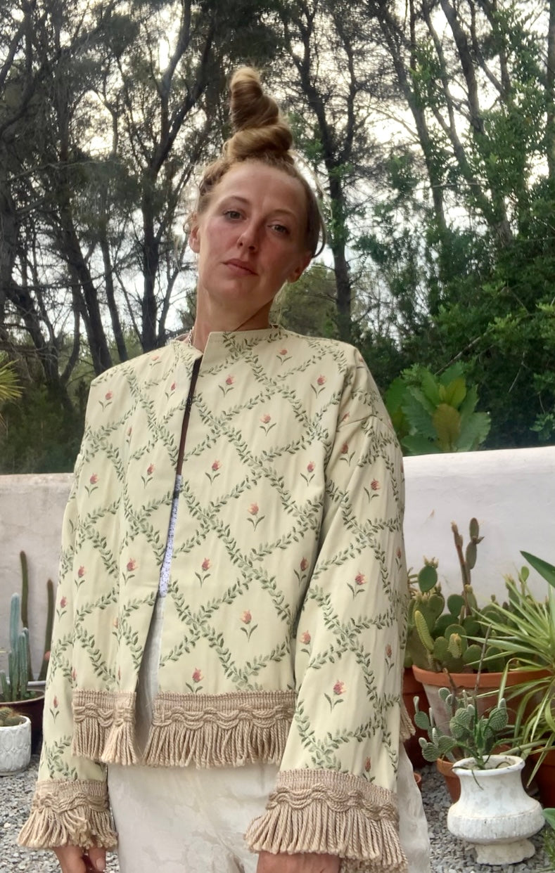 Vintage Up-cycled curtain jacket with floral detail on a woven cream fabric made by Vagabond Ibiza.