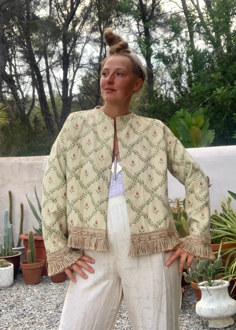 Vintage Up-cycled curtain jacket with floral detail on a woven cream fabric made by Vagabond Ibiza.