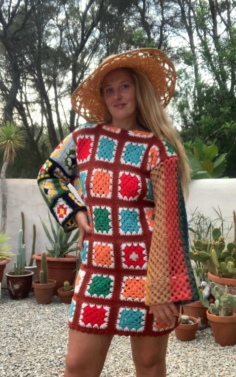 Vintage wool granny squared rainbow long sleeve shirt crochet jumper dress up-cycled by Vagabond Ibiza