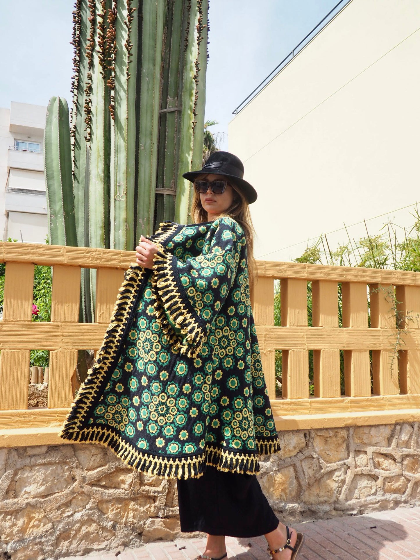 Stunning vintage 1970’s black and green tapestry jacket cut on the bias with bell sleeves made by Vagabond Ibiza