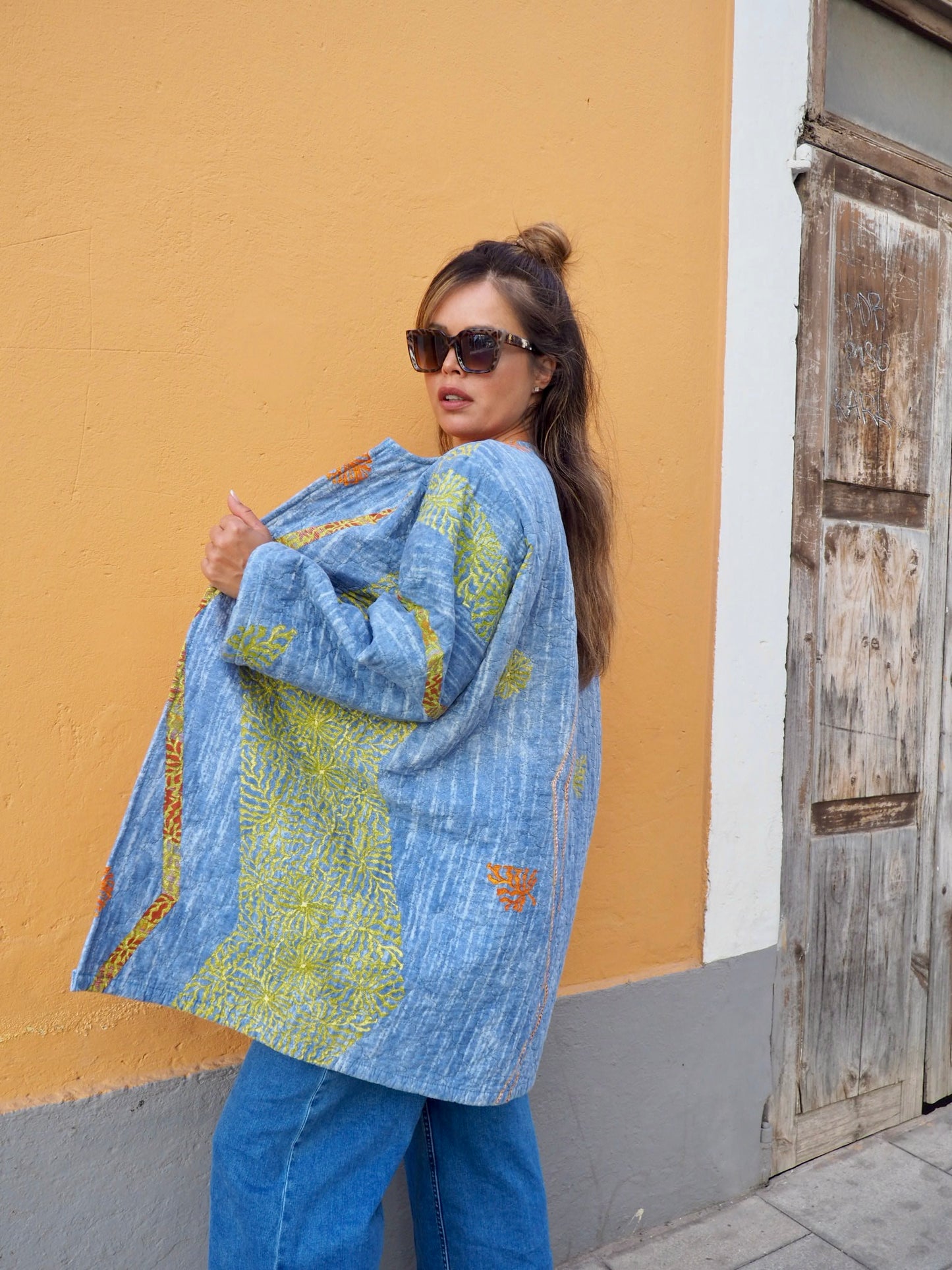 Vintage quilted blue patterned blanket jacket up-cycled by Vagabond Ibiza