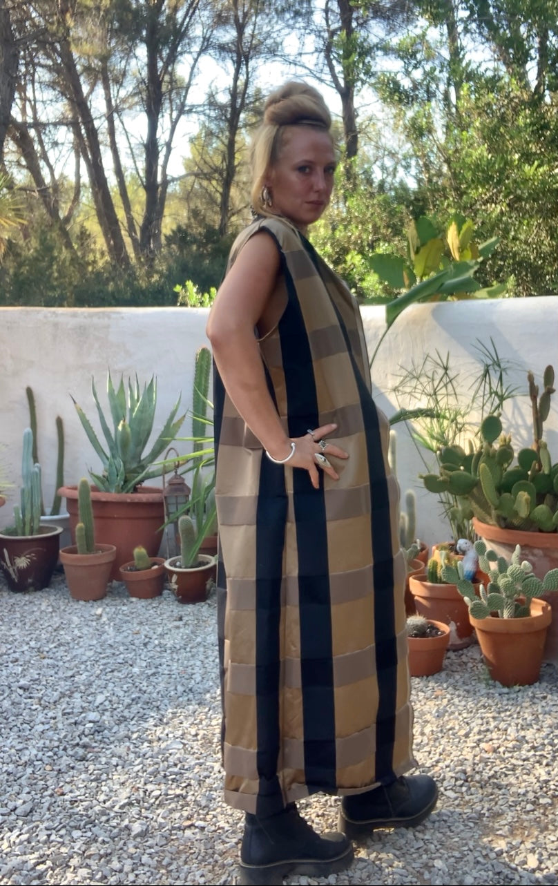Vintage Zimmer & Rhodes textiles black and gold checked long waistcoat by Vagabond Ibiza