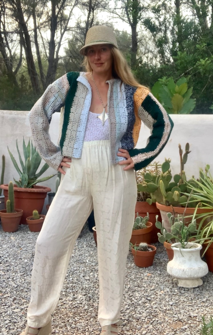 Up-cycled vintage crochet cropped jacket made by Vagabond Ibiza with pastel tones.