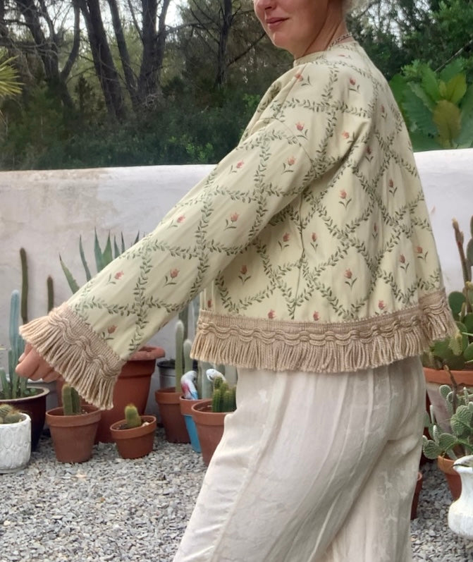 Vintage Up-cycled curtain jacket with floral detail on a woven cream fabric made by Vagabond Ibiza.