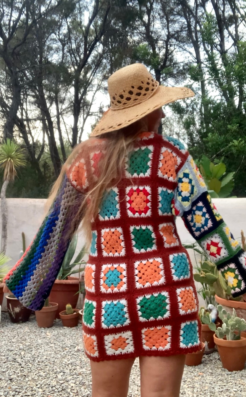 Vintage wool granny squared rainbow long sleeve shirt crochet jumper dress up-cycled by Vagabond Ibiza