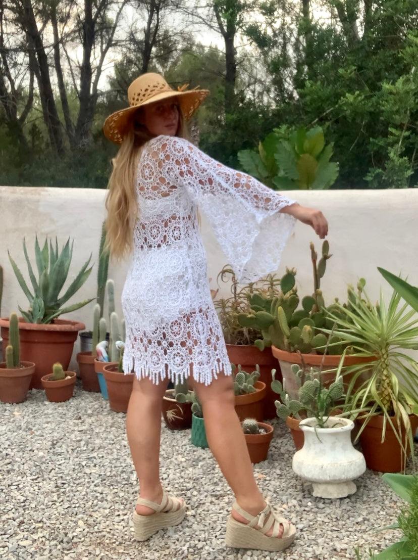 Very cool vintage white crochet oversized bell sleeve dress up-cycled by Vagabond Ibiza
