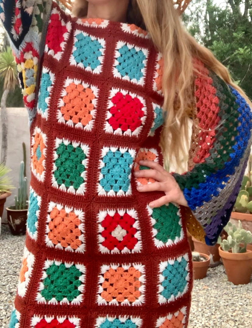 Vintage wool granny squared rainbow long sleeve shirt crochet jumper dress up-cycled by Vagabond Ibiza
