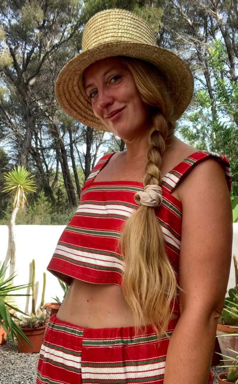Vintage 1970’s curtain fabric with red and white striped design up-cycled 2 piece set crop top and wide leg trousers