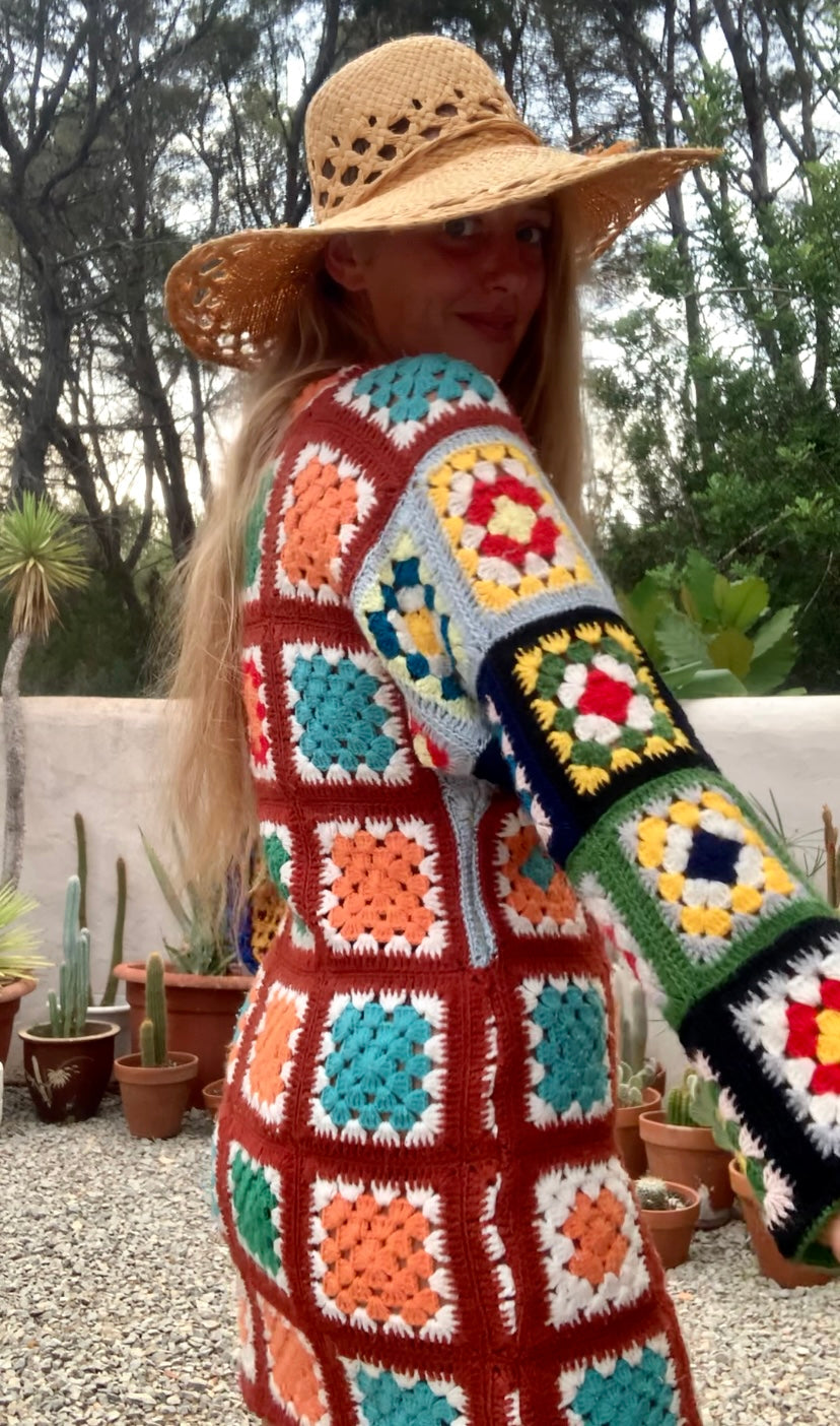 Vintage wool granny squared rainbow long sleeve shirt crochet jumper dress up-cycled by Vagabond Ibiza