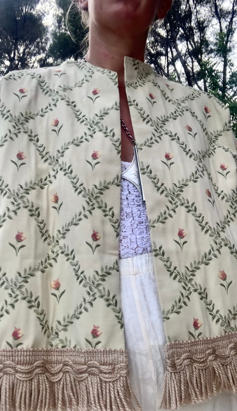 Vintage Up-cycled curtain jacket with floral detail on a woven cream fabric made by Vagabond Ibiza.