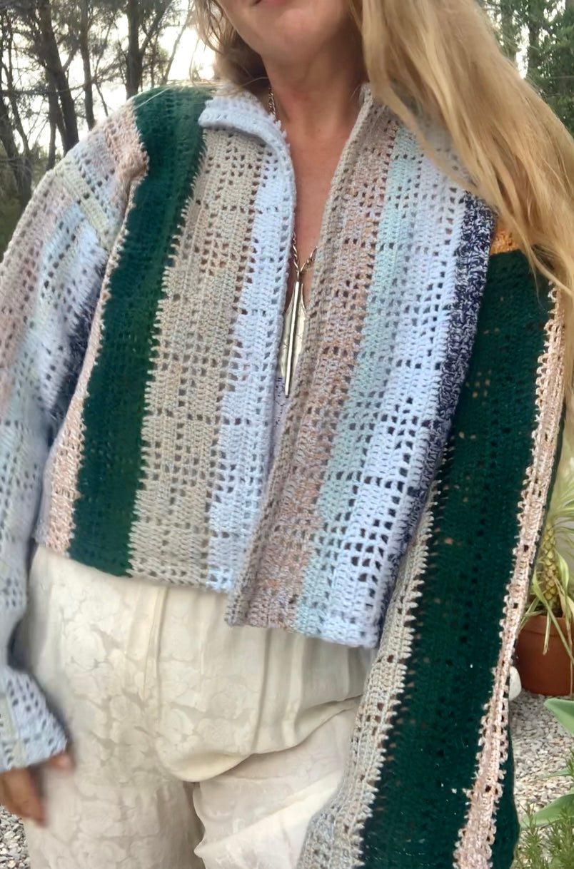 Up-cycled vintage crochet cropped jacket made by Vagabond Ibiza with pastel tones.