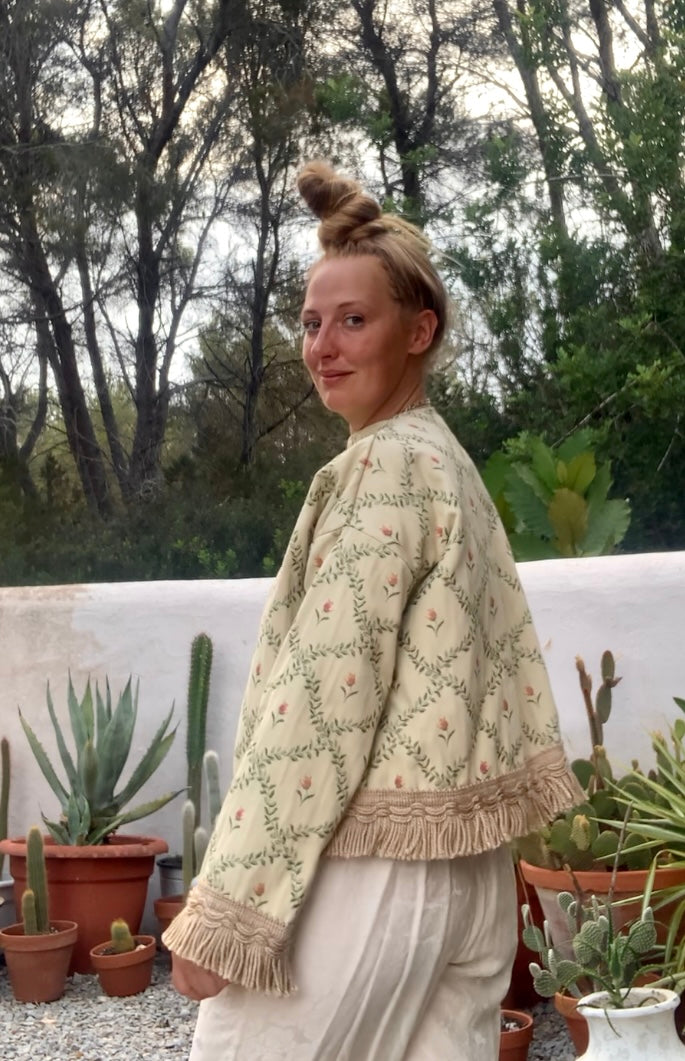 Vintage Up-cycled curtain jacket with floral detail on a woven cream fabric made by Vagabond Ibiza.