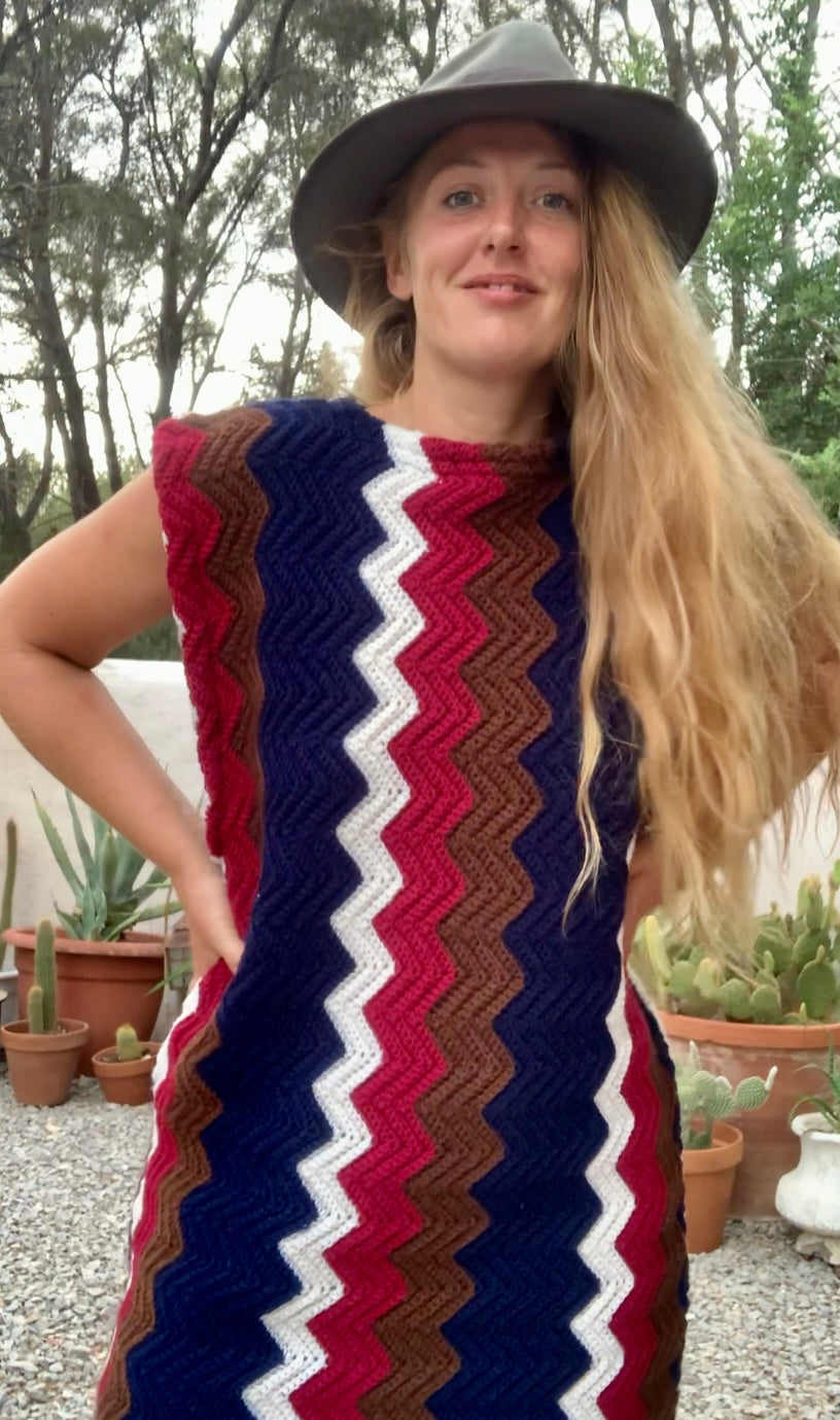 vintage wool and cotton hand made crochet jumper dress with short sleeves and zig zag design