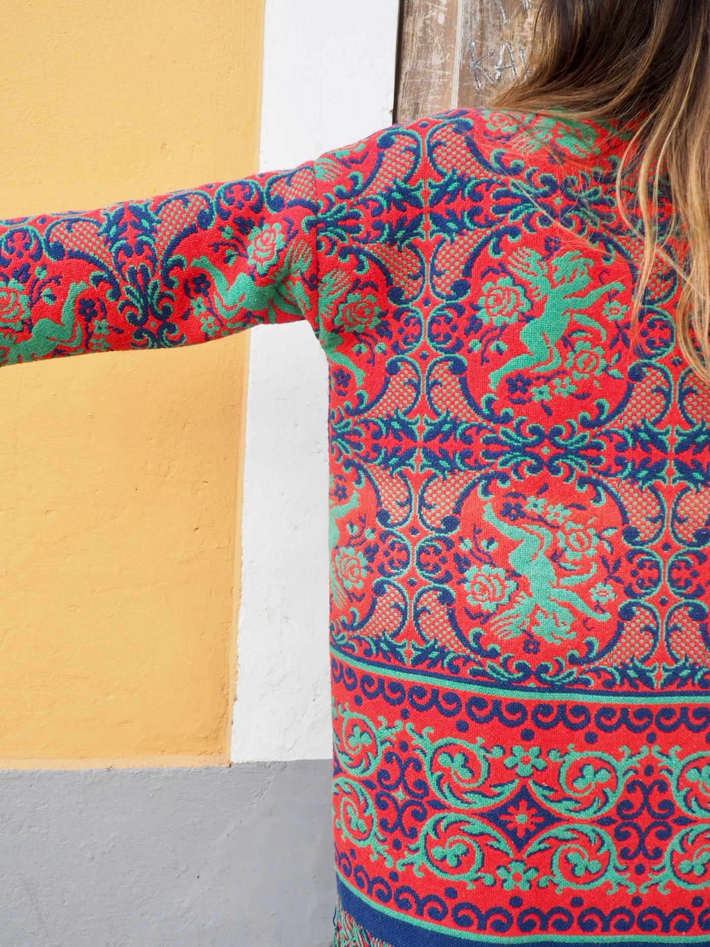 Amazing one off a kind woven tapestry jacket with oversize tassels trimming up-cycled jacket made by Vagabond Ibiza