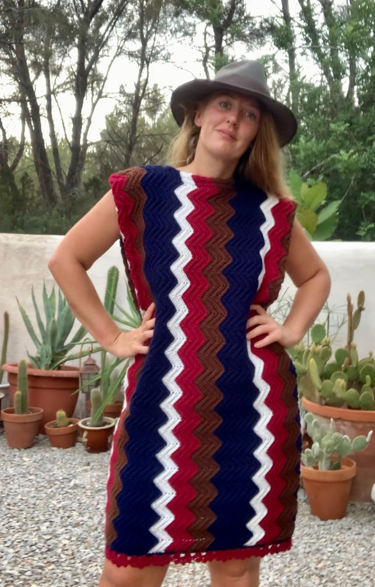 vintage wool and cotton hand made crochet jumper dress with short sleeves and zig zag design