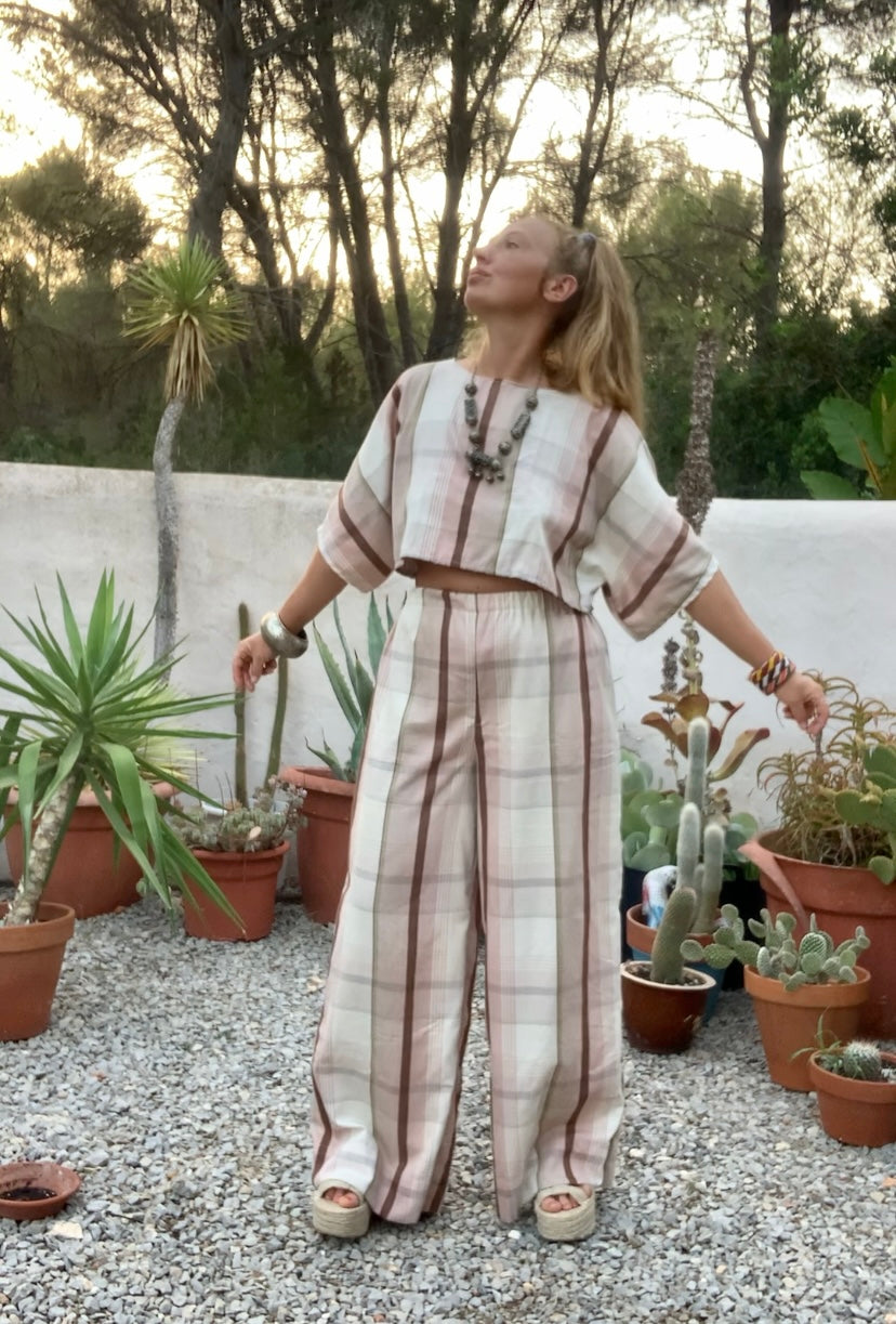 Vintage cotton pink and cream curtain fabric upcycled 2 piece set top and wide leg pants