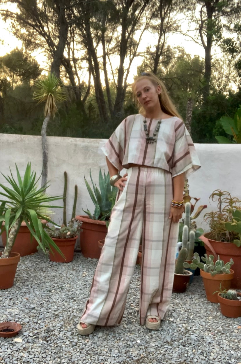 Vintage cotton pink and cream curtain fabric upcycled 2 piece set top and wide leg pants