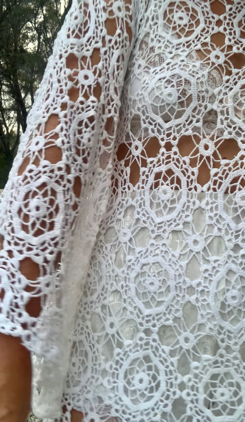 Very cool vintage white crochet oversized bell sleeve dress up-cycled by Vagabond Ibiza