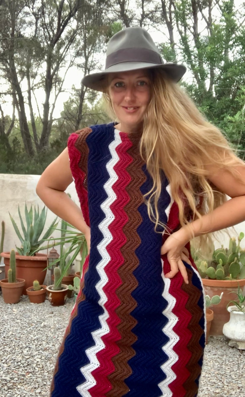 vintage wool and cotton hand made crochet jumper dress with short sleeves and zig zag design