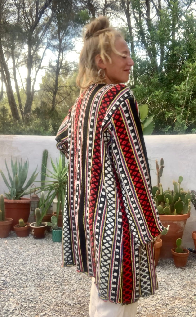 Hand woven Moroccan up-cycled blanket jacket made by Vagabond Ibiza with black white and red striped design
