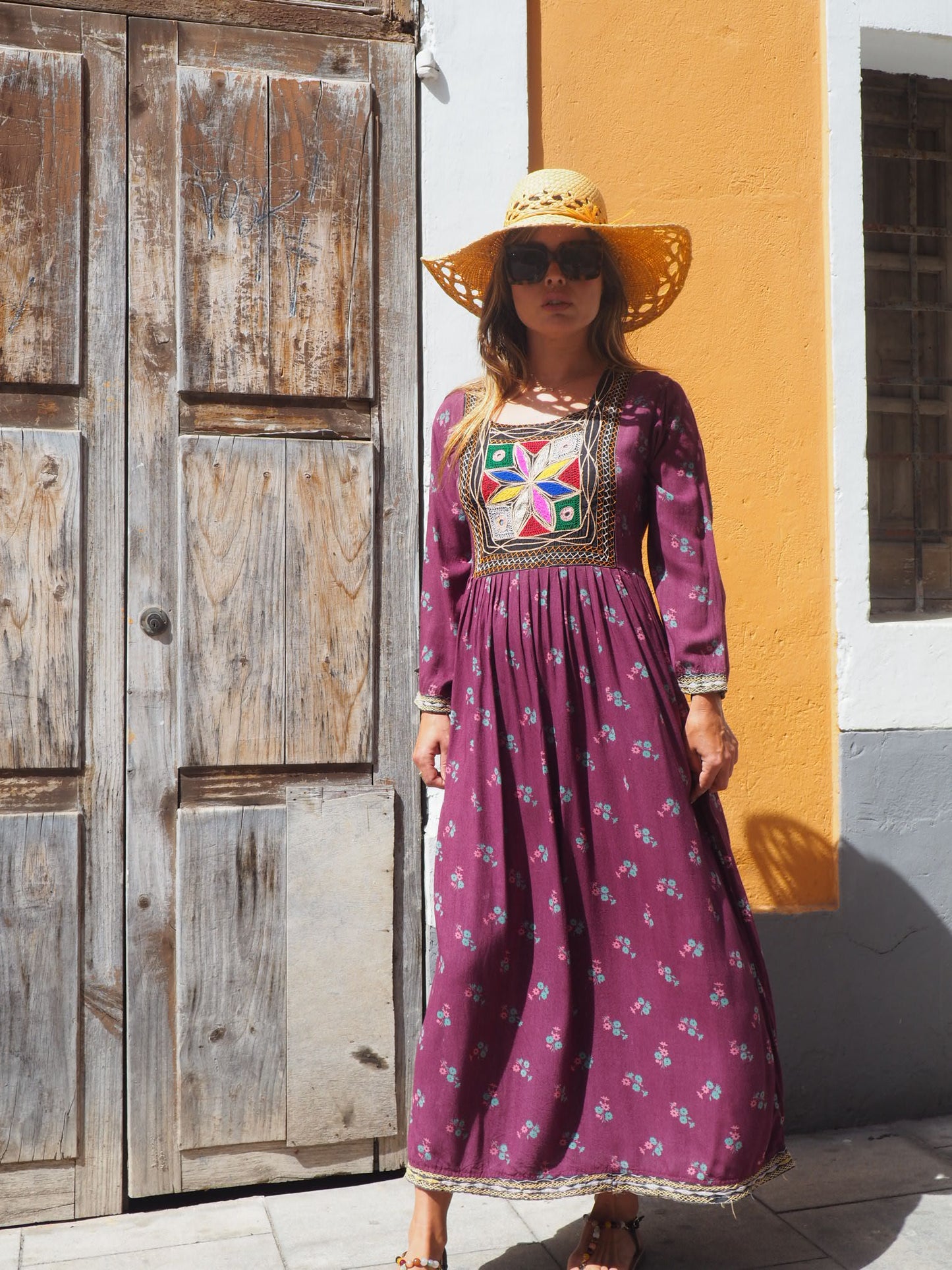 Vintage 1970’s hand embroidered Afghan dress in deep purple with floral print cotton with zip in side sun damage to shoulder