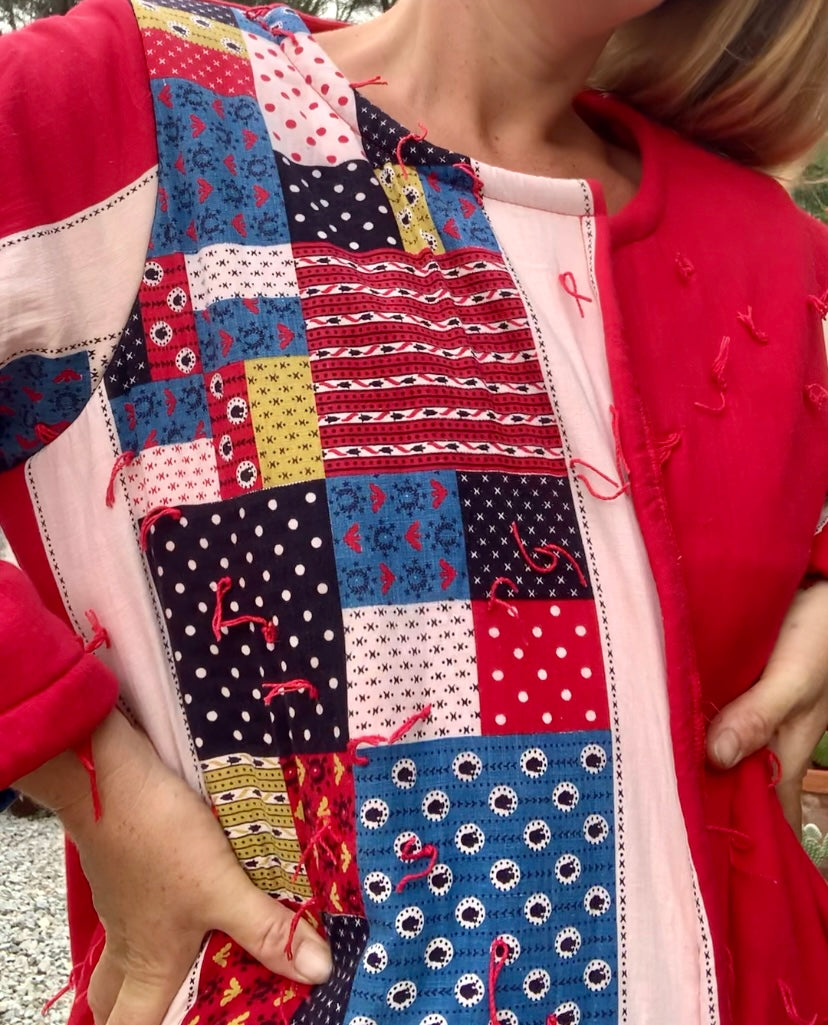 Patchwork cotton quilted blanket jacket up-cycled by Vagabond Ibiza with red and blue design.