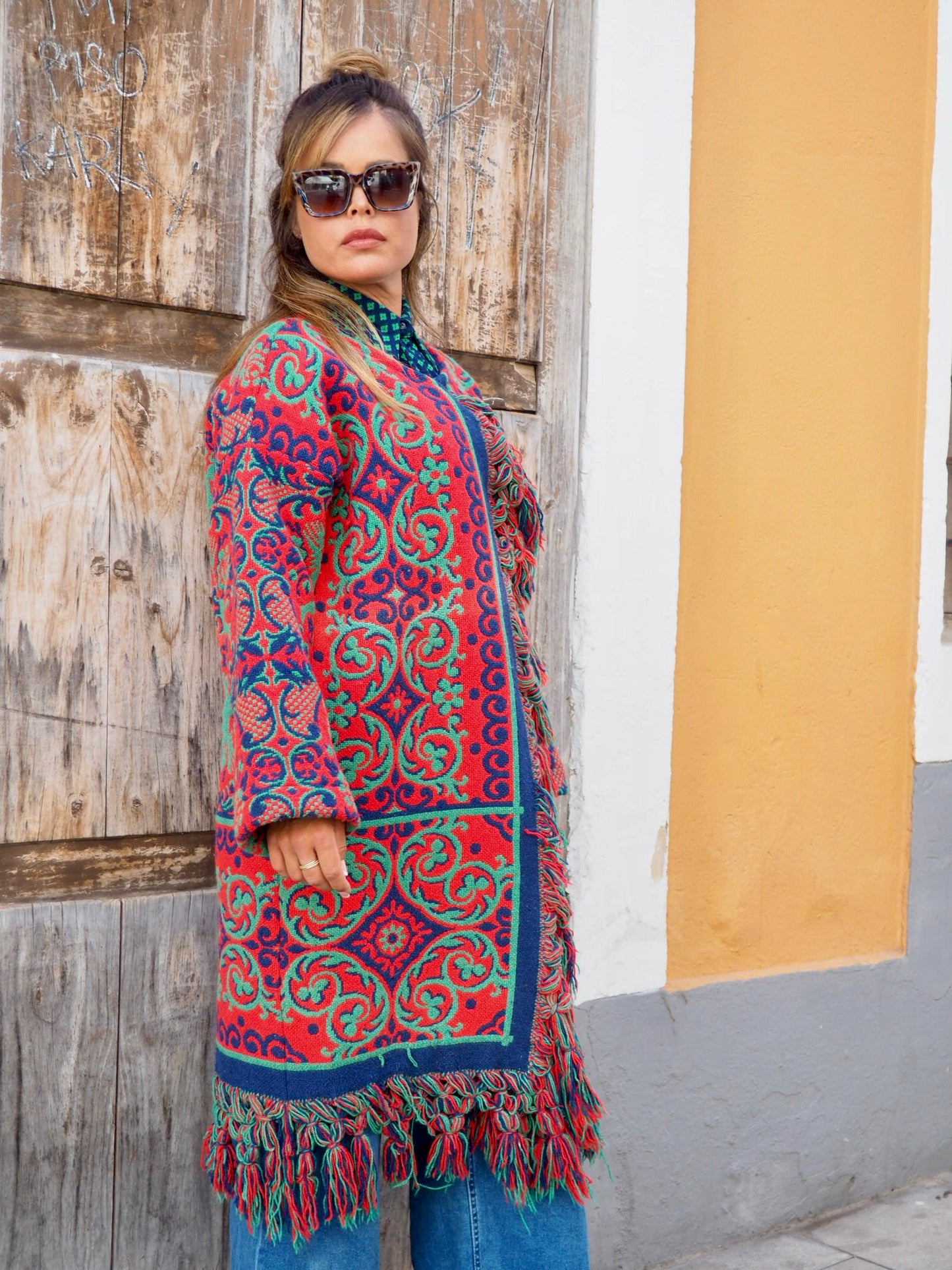 Amazing one off a kind woven tapestry jacket with oversize tassels trimming up-cycled jacket made by Vagabond Ibiza