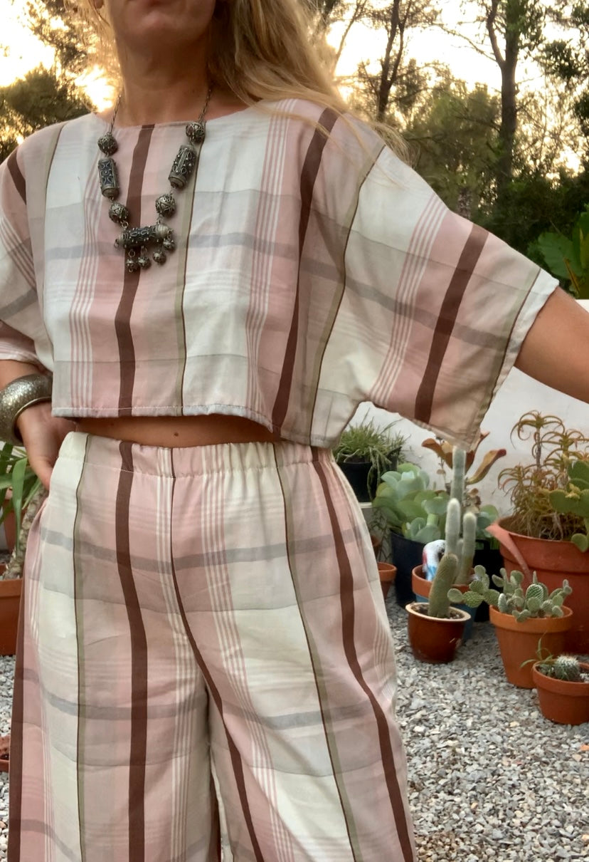 Vintage cotton pink and cream curtain fabric upcycled 2 piece set top and wide leg pants