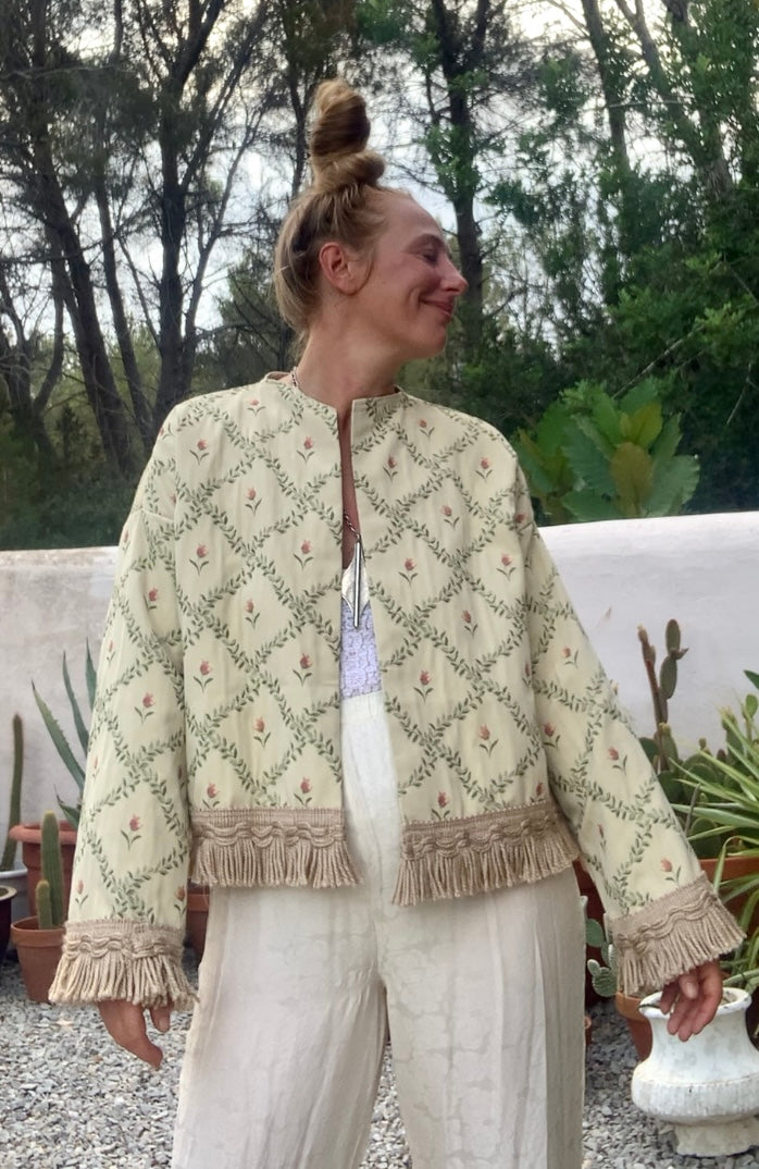 Vintage Up-cycled curtain jacket with floral detail on a woven cream fabric made by Vagabond Ibiza.