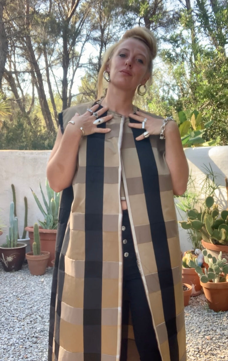 Vintage Zimmer & Rhodes textiles black and gold checked long waistcoat by Vagabond Ibiza