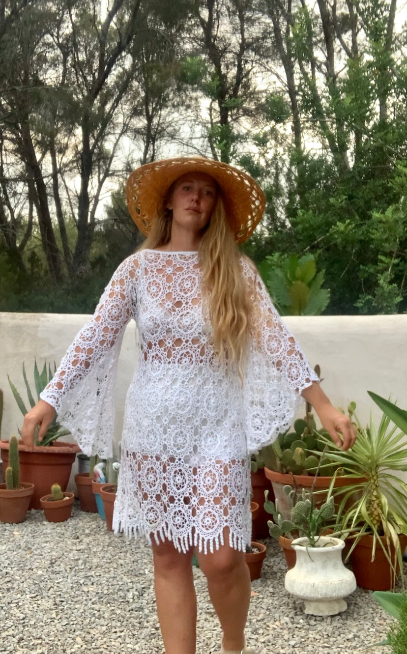 Very cool vintage white crochet oversized bell sleeve dress up-cycled by Vagabond Ibiza
