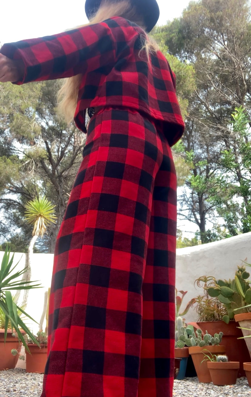 Red and black check vintage dead stock fabric Wide leg pants made by Vagabond Ibiza