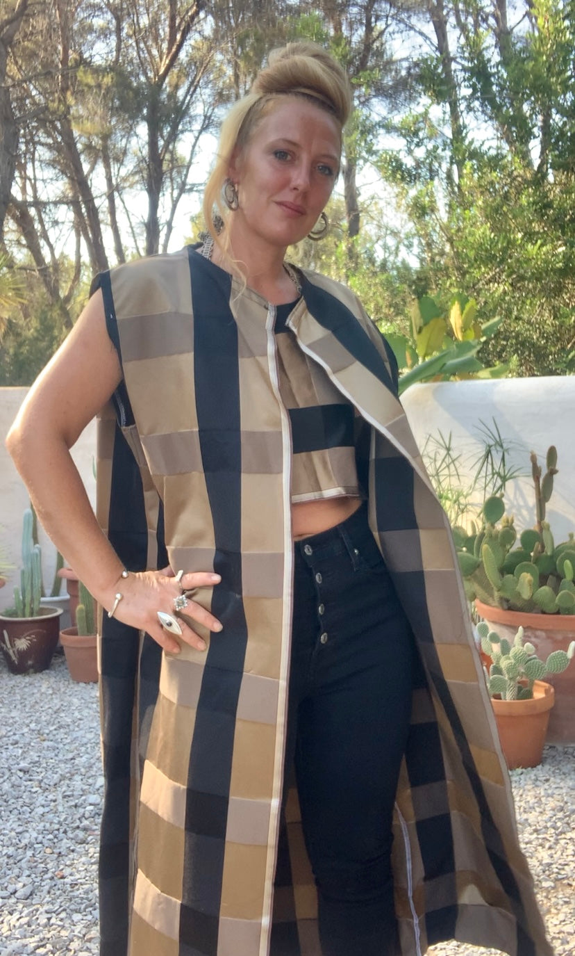 Vintage Zimmer & Rhodes textiles black and gold checked long waistcoat by Vagabond Ibiza