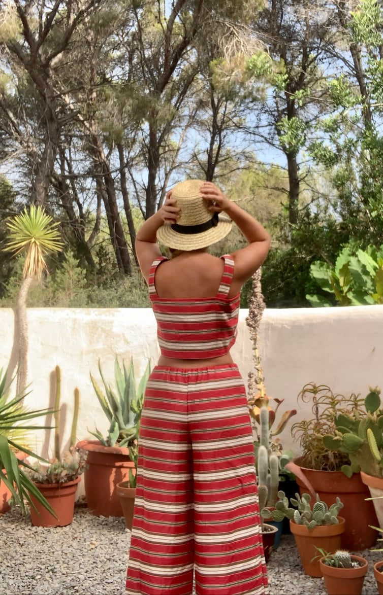 Vintage 1970’s curtain fabric with red and white striped design up-cycled 2 piece set crop top and wide leg trousers