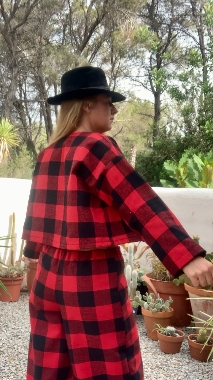 Red and black checked jacket made by Vagabond Ibiza from dead stock vintage textiles