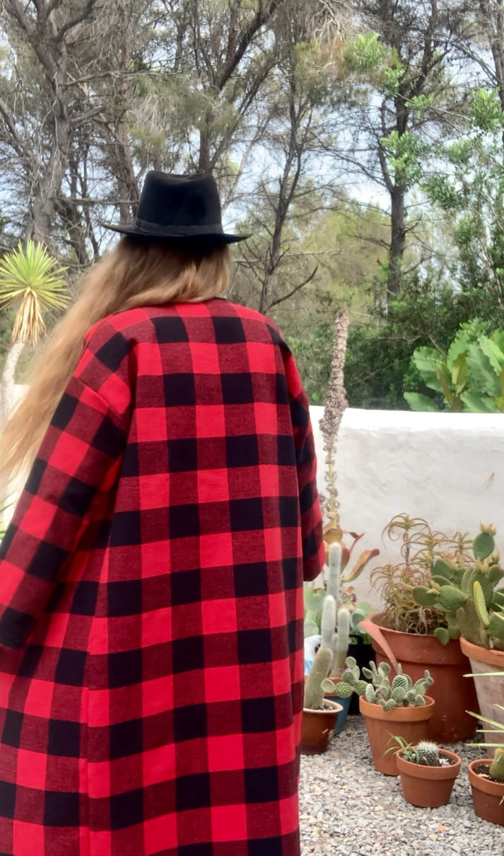 Red and black checked jacket made by Vagabond Ibiza from dead stock vintage textiles