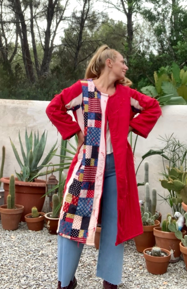 Patchwork cotton quilted blanket jacket up-cycled by Vagabond Ibiza with red and blue design.