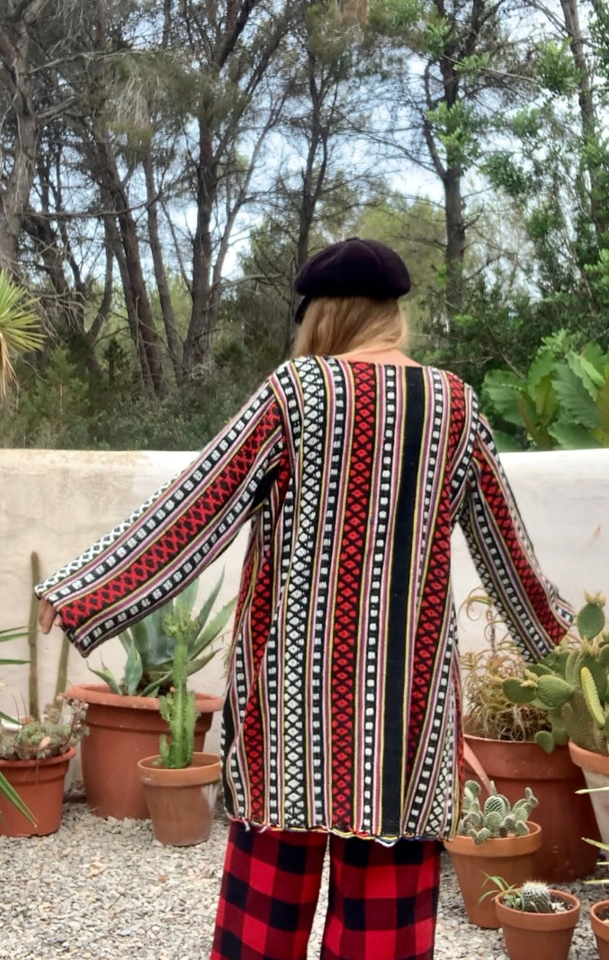 Hand woven Moroccan up-cycled blanket jacket made by Vagabond Ibiza with black white and red striped design