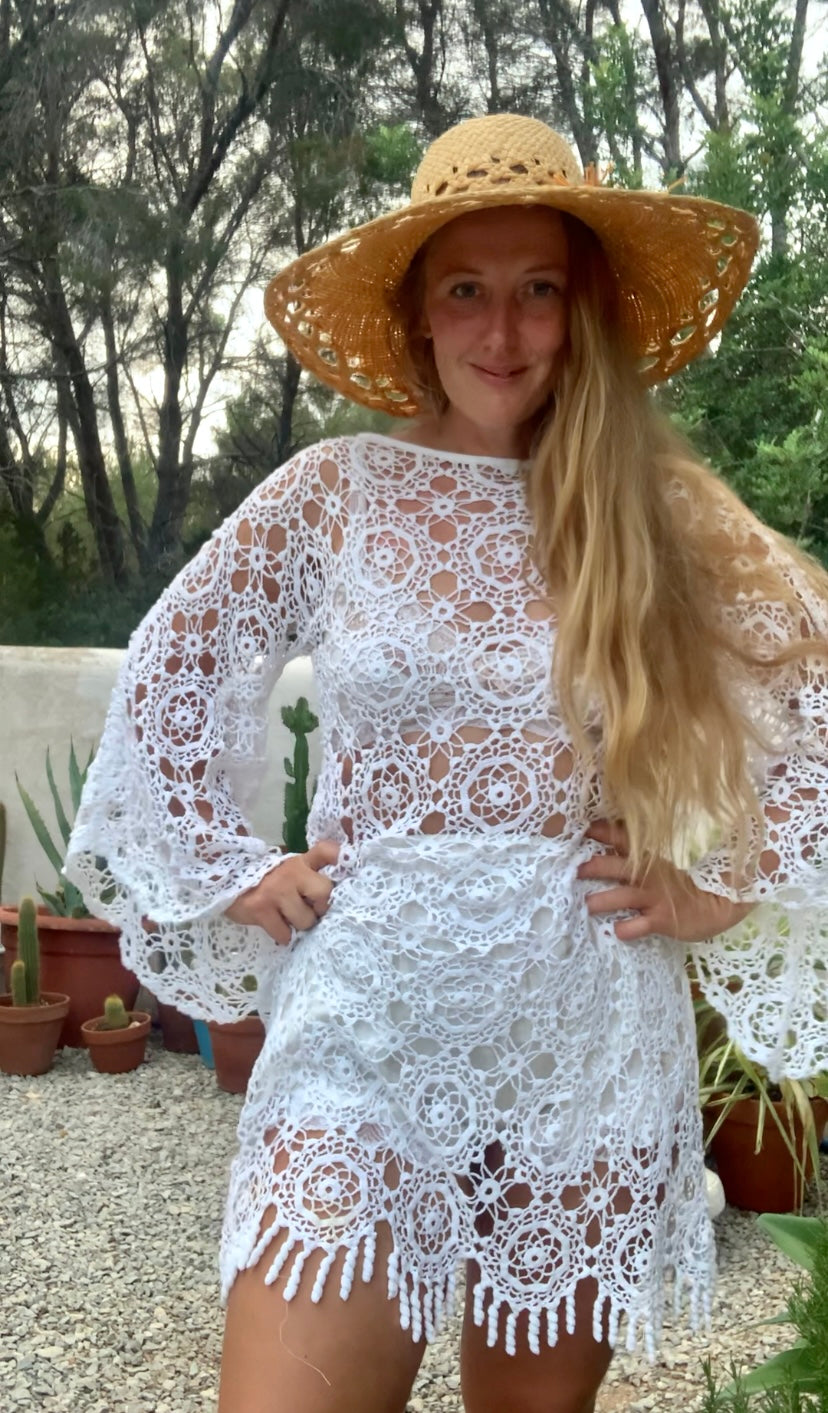 Very cool vintage white crochet oversized bell sleeve dress up-cycled by Vagabond Ibiza