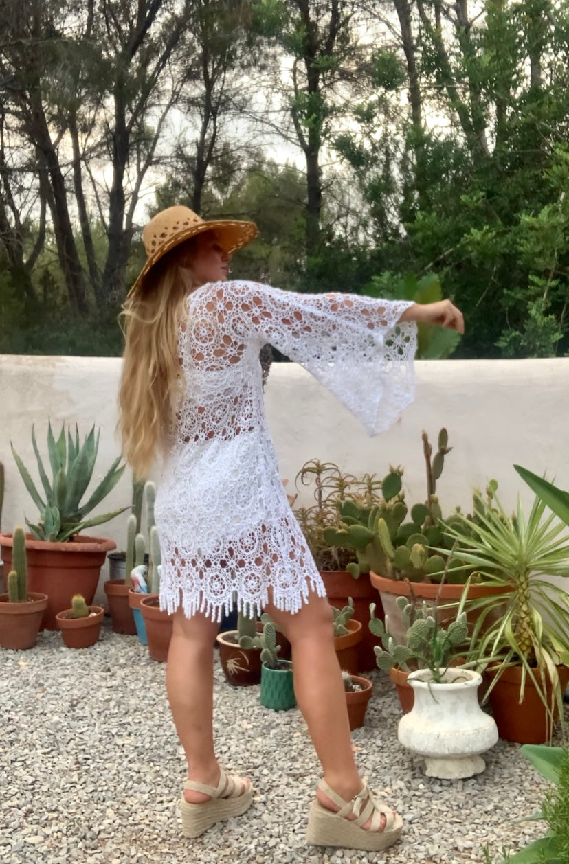Very cool vintage white crochet oversized bell sleeve dress up-cycled by Vagabond Ibiza