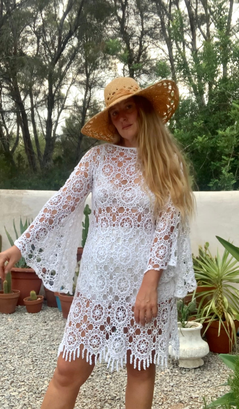 Very cool vintage white crochet oversized bell sleeve dress up-cycled by Vagabond Ibiza