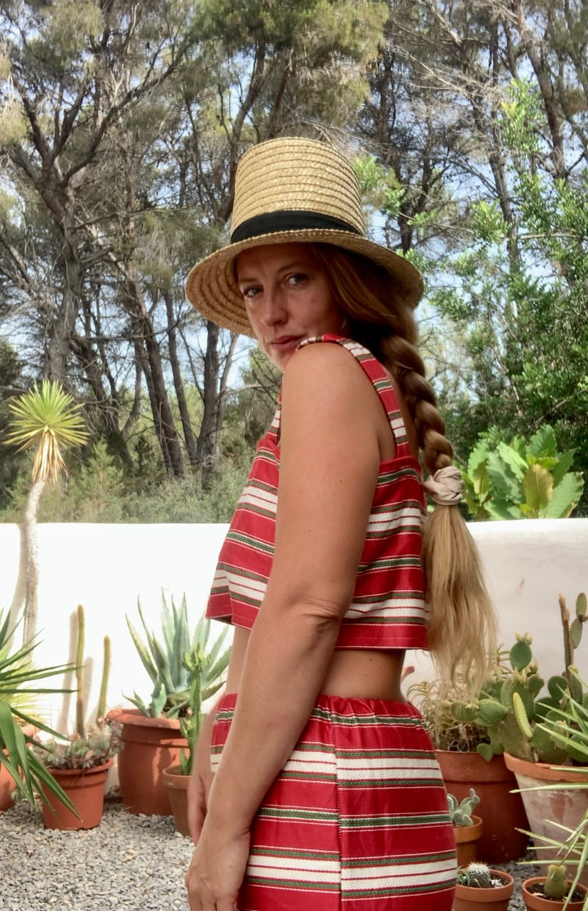 Vintage 1970’s curtain fabric with red and white striped design up-cycled 2 piece set crop top and wide leg trousers