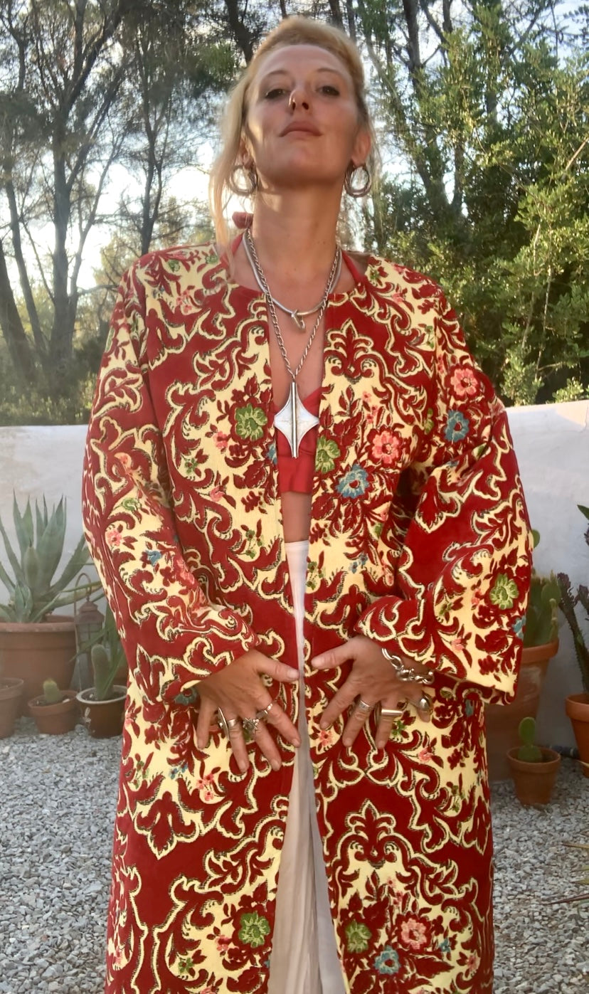 Vintage red and pastel yellow textiles with a burnet out devore Damascus pattern on the velvets pile very special textiles with tassel trim